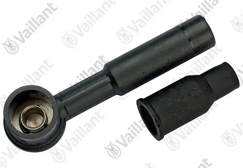 Vaillant Stecker mit einem gebogenen Ende und einem geraden Ende, beide aus schwarzem Kunststoff, zur Verwendung in Heizungsanlagen oder ähnlichen Anwendungen.